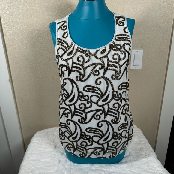 Chicos 30 Unforgettable Years Top Size 1 Medium Sequin Cream Chiffon Paisley - Picture 1 of 7